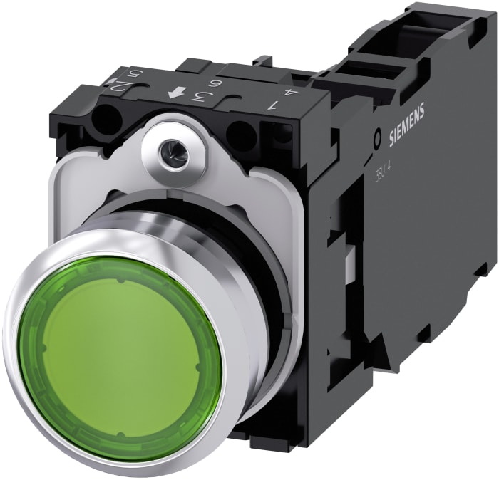 Siemens SIRIUS ACT 3SU11 Series Illuminated Push Button Complete Unit, Plate, 22.3 mm Cutout Green, SPST, IP69K, IP66,