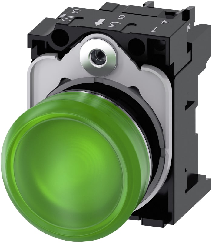 Siemens, SIRIUS ACT 3SU11, Panel Mount Green LED Indicator, 22mm Cutout, Round, 110V ac