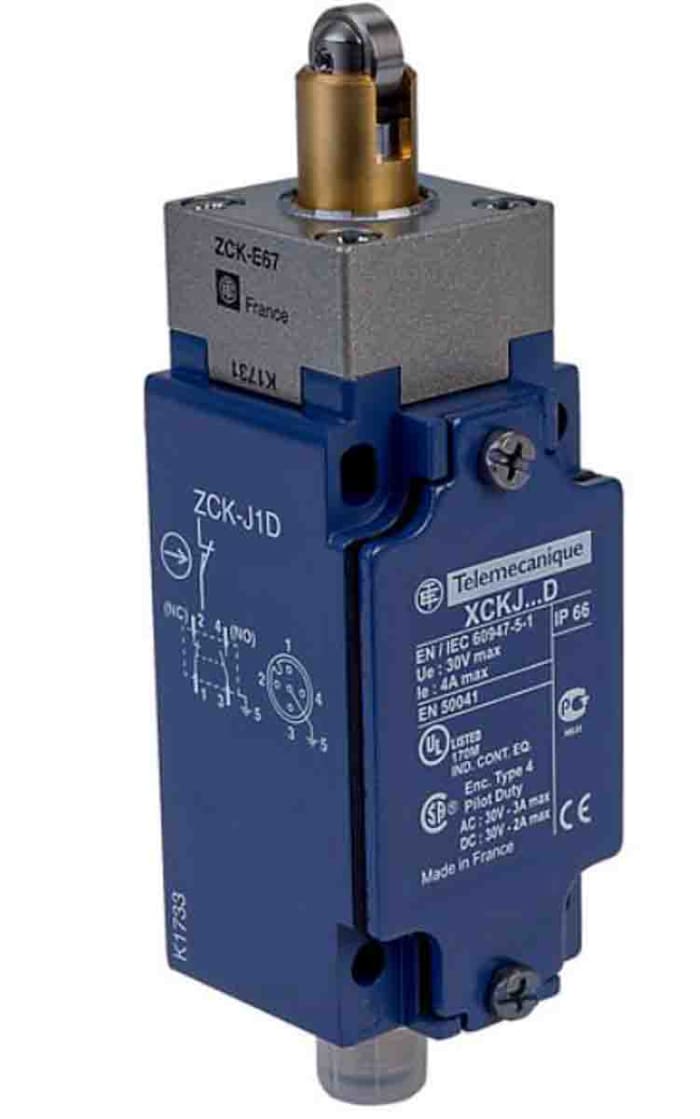 Telemecanique Sensors XCKJ Series Roller Plunger Limit Switch, 1NC/1NO, IP66, DPST, Zamak Zinc Alloy Housing, 50V ac