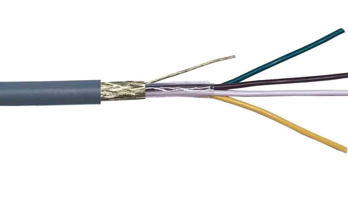 Cable de datos apantallado RS PRO de 4 conductores, 0,14 mm², 26 AWG, long. 100m, Ø ext. 4.5mm, funda de PVC Gris