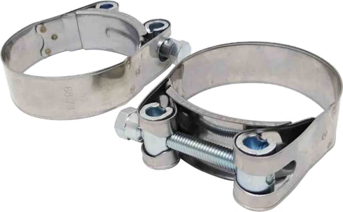 RS PRO Stainless Steel, Zinc-Plated Steel (Bolt) Bolt Head Hose Clamp, 28mm Band Width, 68 → 73mm ID