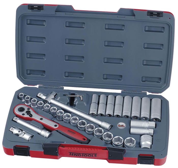 Teng Tools 34 Piece Metric 1 2 in Deep Socket Standard Socket Set with Ratchet 6 point
