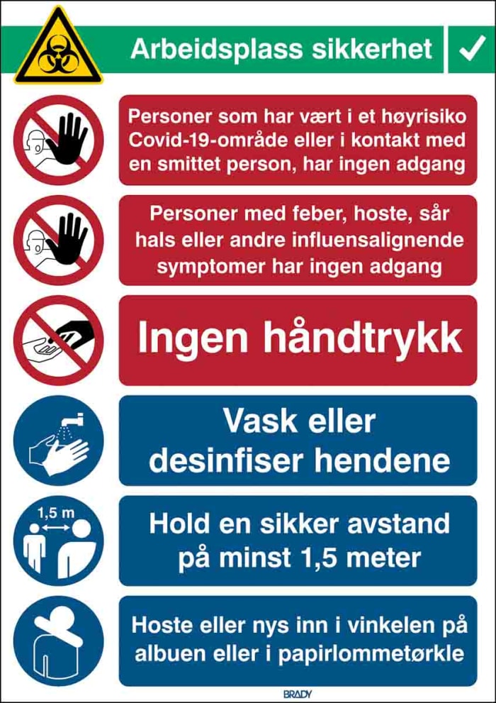 Affiche murale de sécurité Brady, texte en Norvégien, Polypropylène B-7527