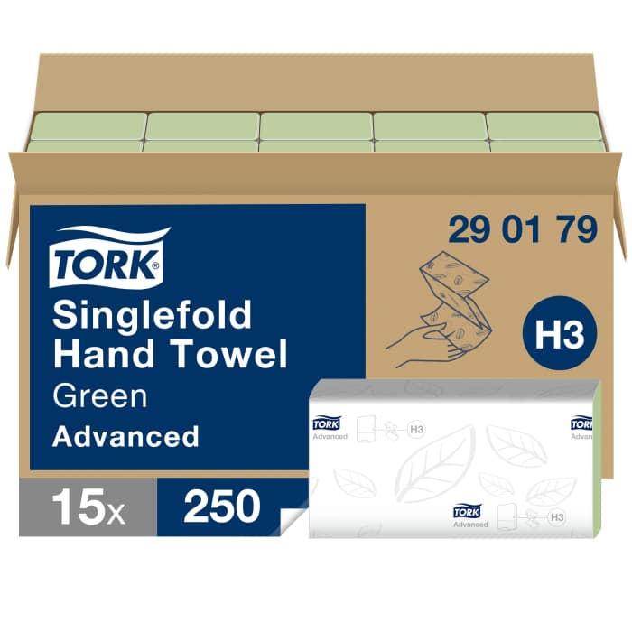 Toalla de Papel Tork SINGEFOLD / Plegado, entrelazado Verde de 2 capas, 250 x 15 Hojas de 115 x 250mm