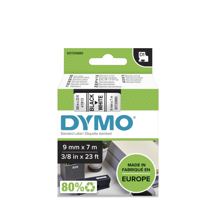 Dymo Black on White Label Printer Tape, 7 m Length, 9 mm Width