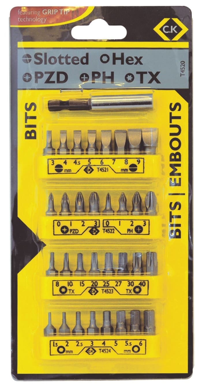 C & K Hexagon, Phillips, Pozidriv, Slotted Screwdriver Bit, Slotted: 3; 4; 4.5; 5 → 9 mm; Phillips: PH0 →