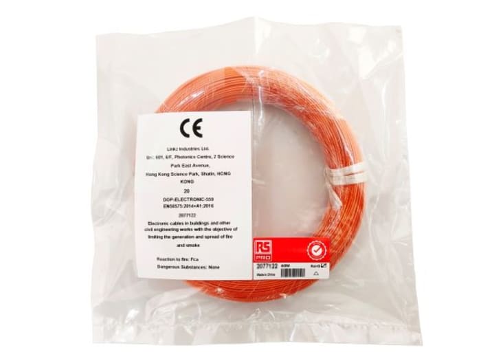 RS PRO, RS PRO Orange 0.2 mm² Hook Up Wire, 24 AWG, 1/0.51 mm, 50m, ETFE  Insulation, 207-7124