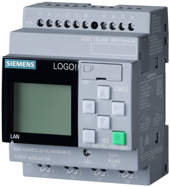 Siemens LOGO! Series PLC CPU for Use with LOGO! 8.3, 115 V ac/dc, 230 V ac/dc Supply, Relay Output, 8-Input, Digital