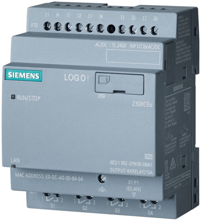 Siemens LOGO! Series PLC CPU for Use with LOGO! 8.3, 115 V ac/dc, 230 V ac/dc Supply, Relay Output, 8-Input, Digital
