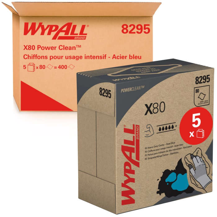 Kimberly Clark WypAll® X80 Power Clean™ 8295 Blue Cloths for General Cleaning, Dry Use, Box of 80, 426 x 212mm, Repeat