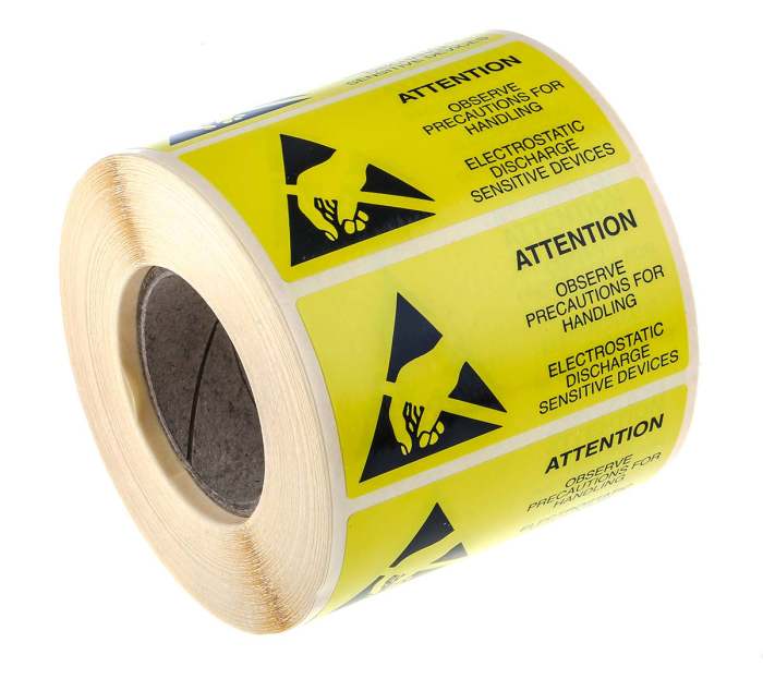 RS PRO Yellow Paper ESD Label, Attention Observe Precautions For Handling Electrostatic Discharge Sensitive Device-Text