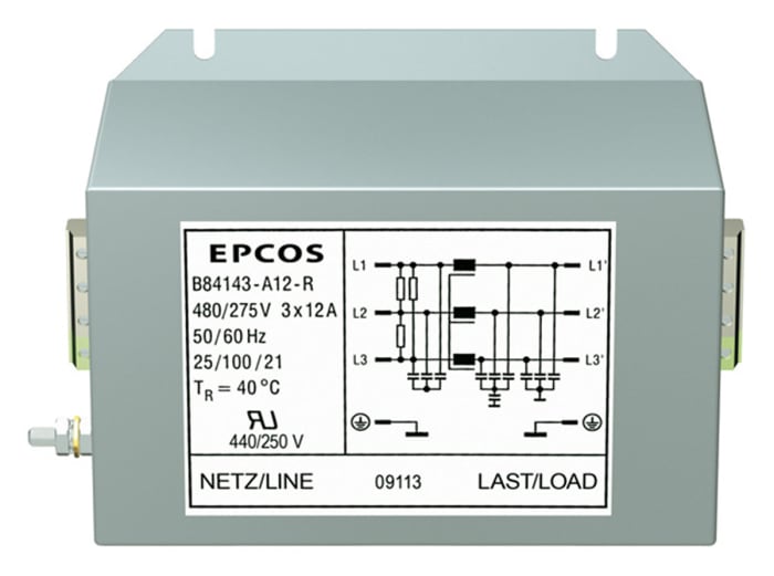 Filtre CEM EPCOS, 25A max, 3 phases, 440 V c.a. max, Montage sur châssis, série B84143A*R000