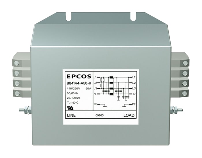 Filtre CEM EPCOS, 16A max, 3 phases, 250/440 Vc.a. max, Montage sur châssis, série B84144A*R000