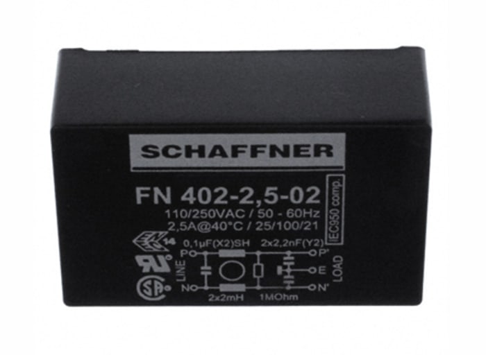 Filtro EMI Schaffner 2.2nF, 2.5A, 250 V ac, 400Hz 2 mH, Montaje en PCB, con terminales Pin 0,373 mA, Serie FN402, 1