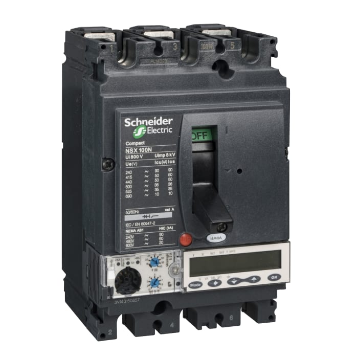 Schneider Electric, NSX MCCB 3P 100A, Breaking Capacity 36 kA, Fixed Mount