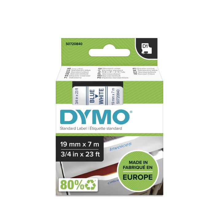 Dymo Blue on White Label Printer Tape, 7 m Length, 19 mm Width