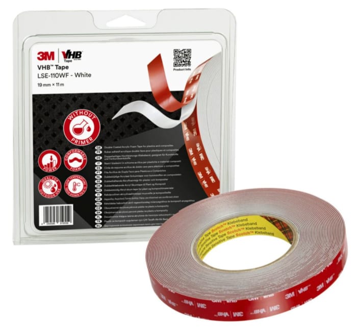 Ruban mousse adhésif acrylique Simple face VHB™ LSE, Blanc, 19mm x 11m x 1.1mm