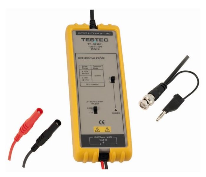 Testec SI Series TT-SI 9001 Oscilloscope Probe, Active, Differential Type, 25MHz, 1:10, 1:100, BNC Connector