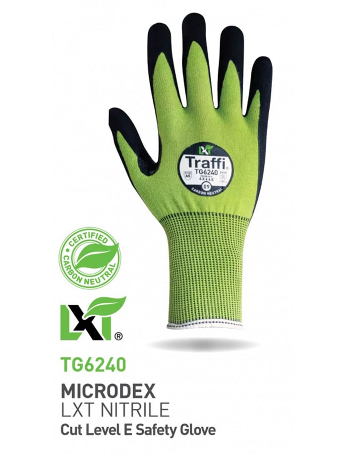 Traffi TG6240 Black, Green Elastane, Fibreglass, HPPE, Nylon, Polyester, Steel General Handling Gloves, Size 7, Nitrile