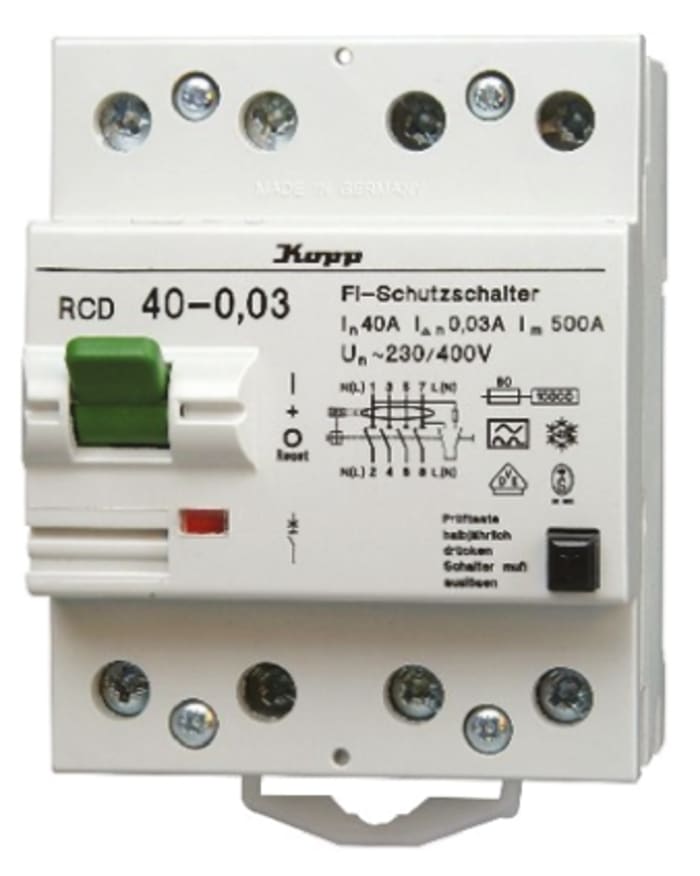 Kopp 3 + N 40 A Instantaneous RCD Switch, Trip Sensitivity 500mA