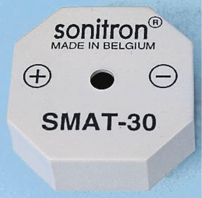 Sonitron 79dB Through Hole Continuous External Piezo Buzzer, 13.96 x 13.96 x 6mm, 1.5 Min, 30V ac Max