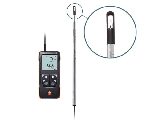 Testo 425 Telescopic Vane Anemometer, 30m/s Max, Measures Air Velocity, Temperature, Volume Flow