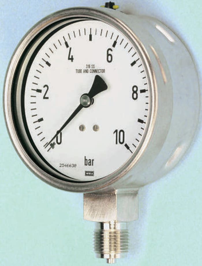 RS PRO Analogue Pressure Gauge 1bar Bottom Entry 100mm Outside Diameter