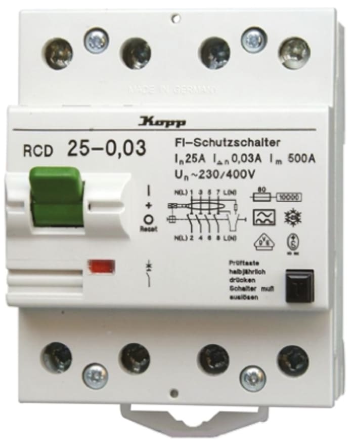 Kopp 3 + N 63 A Instantaneous RCD Switch, Trip Sensitivity 500mA