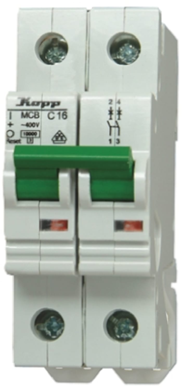 Kopp GREEN ELECTRIC MCB Mini Circuit Breaker, 2P, 16A Curve C, 230 → 400V AC, 60V DC, 10 kA Breaking Capacity