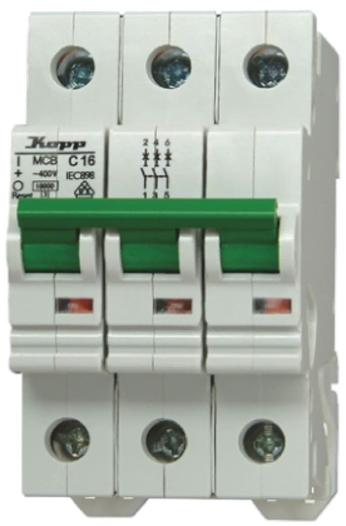 Kopp GREEN ELECTRIC MCB Mini Circuit Breaker, 3P, 10A Curve C, 230 → 400V AC, 60V DC, 10 kA Breaking Capacity