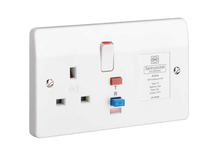 MK Electric Logic Plus 13A, BS Fixing, Active, Single Gang RCD Socket, Flush Mount , Switched, IP2XD, 240 V ac, White