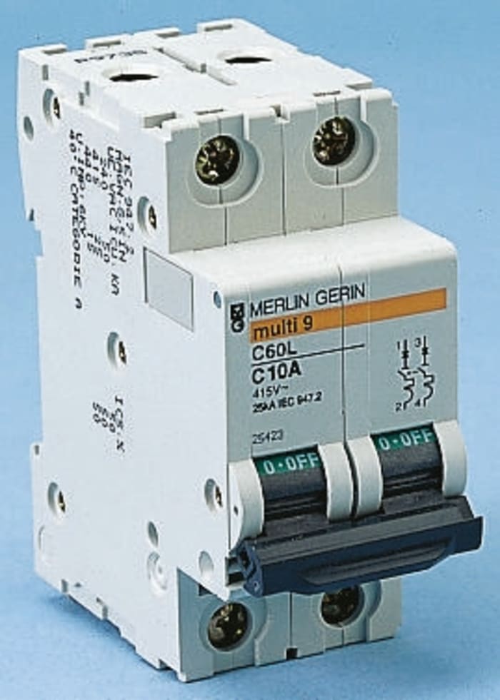 Merlin Gerin C60L MCB Mini Circuit Breaker, 2P, 10A Curve C, 12 → 440V AC, 20 (ac) kA, 30 (dc) kA Breaking