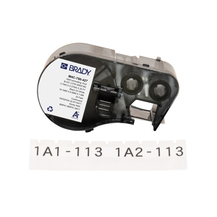 Brady B-427 on Black on White, Transparent Label, 19.05 mm Width, 9.53mm Label Width