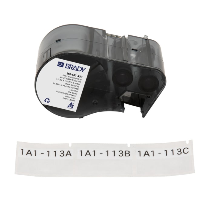 Brady B-427 on Black on White, Transparent Label, 44.45 mm Width, 38.10mm Label Width