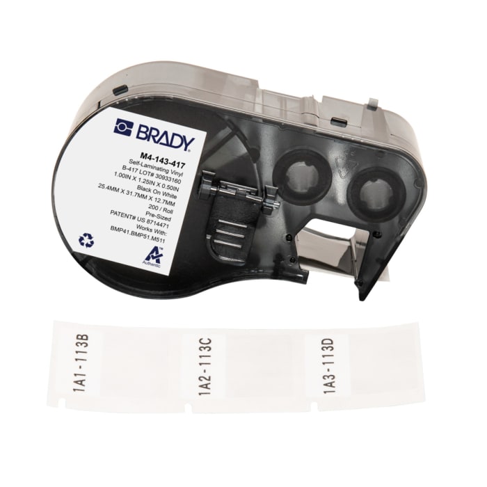 Brady B-417 on Black on White, Transparent Label, 25.40 mm Width, 25.40mm Label Width