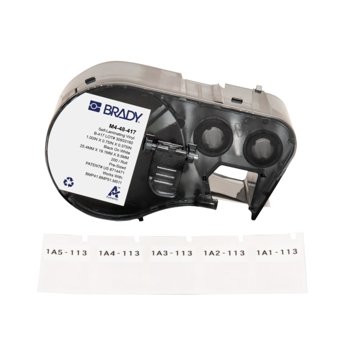Brady B-417 on Black on White, Transparent Label, 19.05 mm Width, 19.05mm Label Width