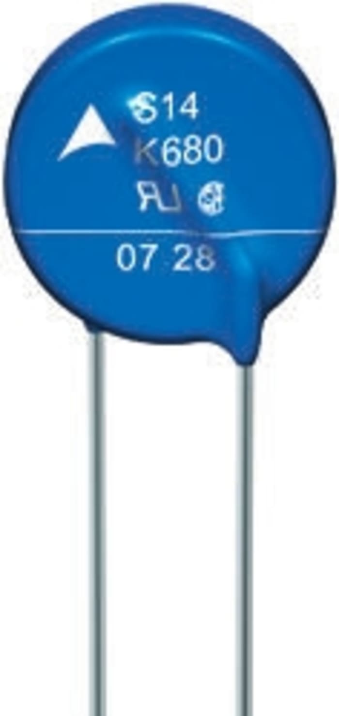Varistor de óxido metálico EPCOS Standard, tensión de ruptura 150V, 10A, 7.6J, 260pF, dim. 9 (Dia.) x 3.4mm, paso 5mm