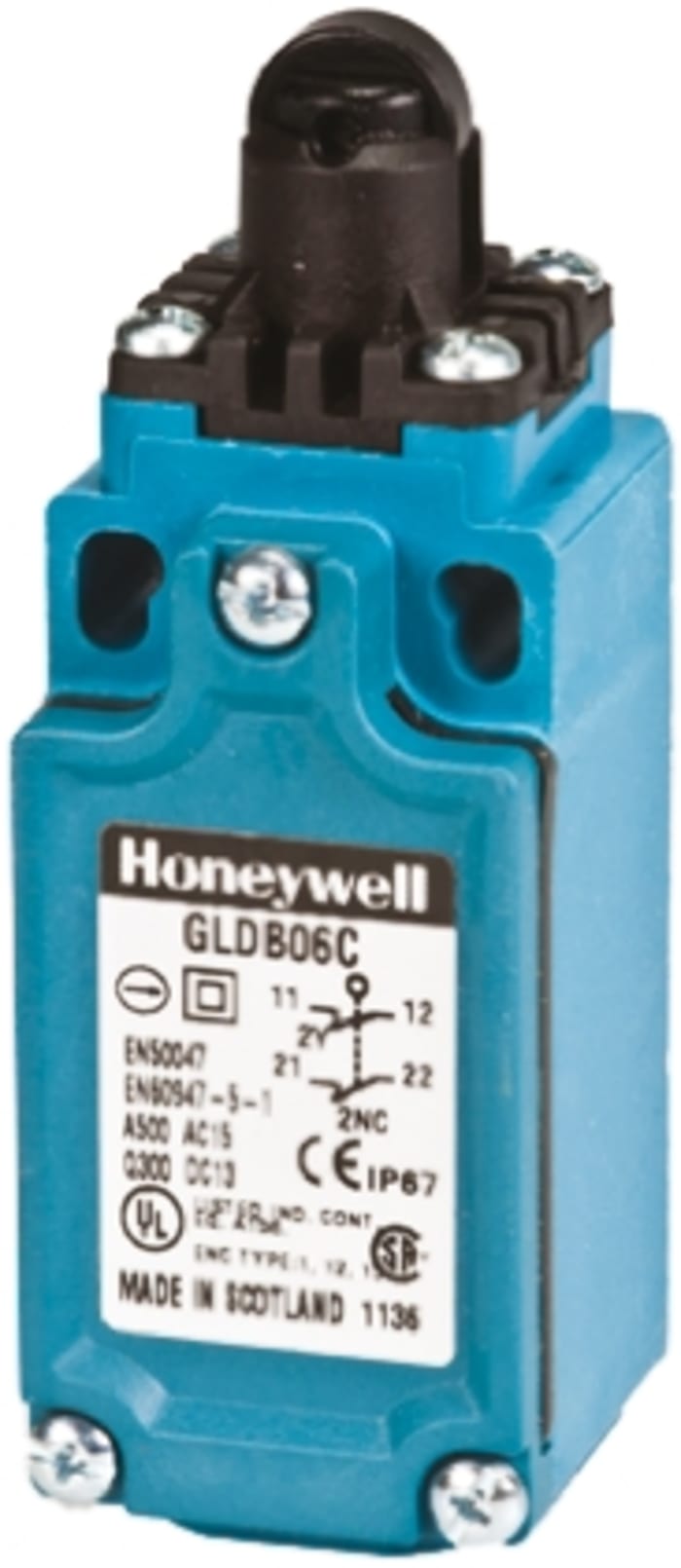 Honeywell GLD Series Roller Plunger Limit Switch, 2NC, IP66, DPST 2NC, Thermoplastic Housing, 300V ac Max, 10A Max