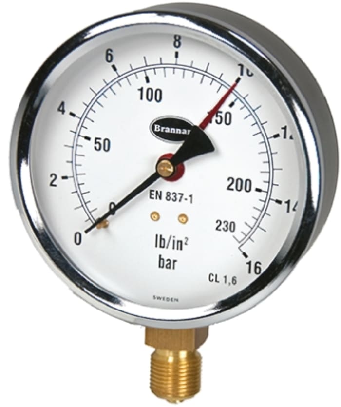 Brannan G 3/8 Analogue Pressure Gauge 16bar Bottom Entry 100mm Outside Diameter