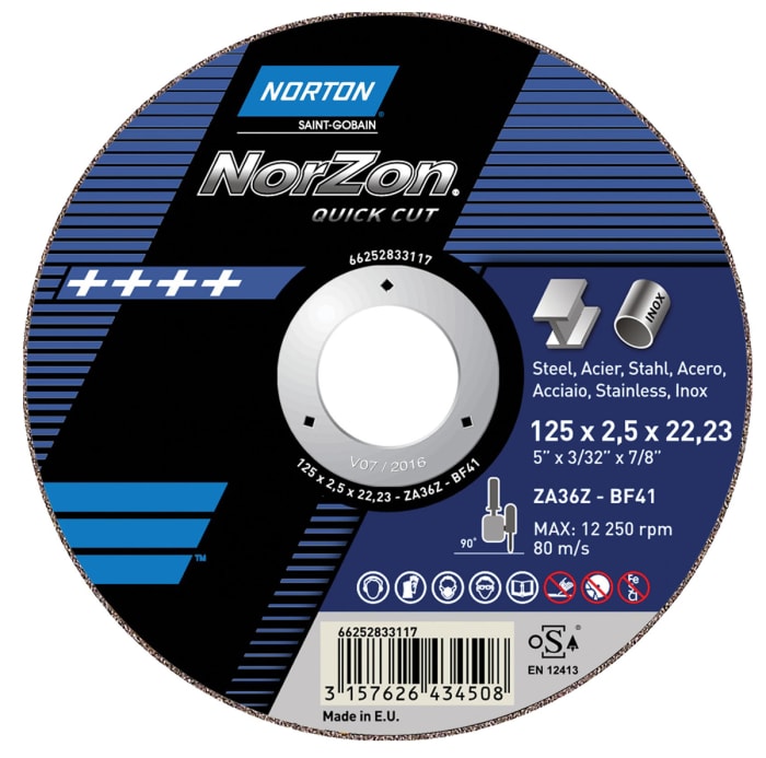 Norton Cutting Disc Zirconium Cutting Disc, 180mm x 3.2mm Thick, P30 Grit, 5 in pack
