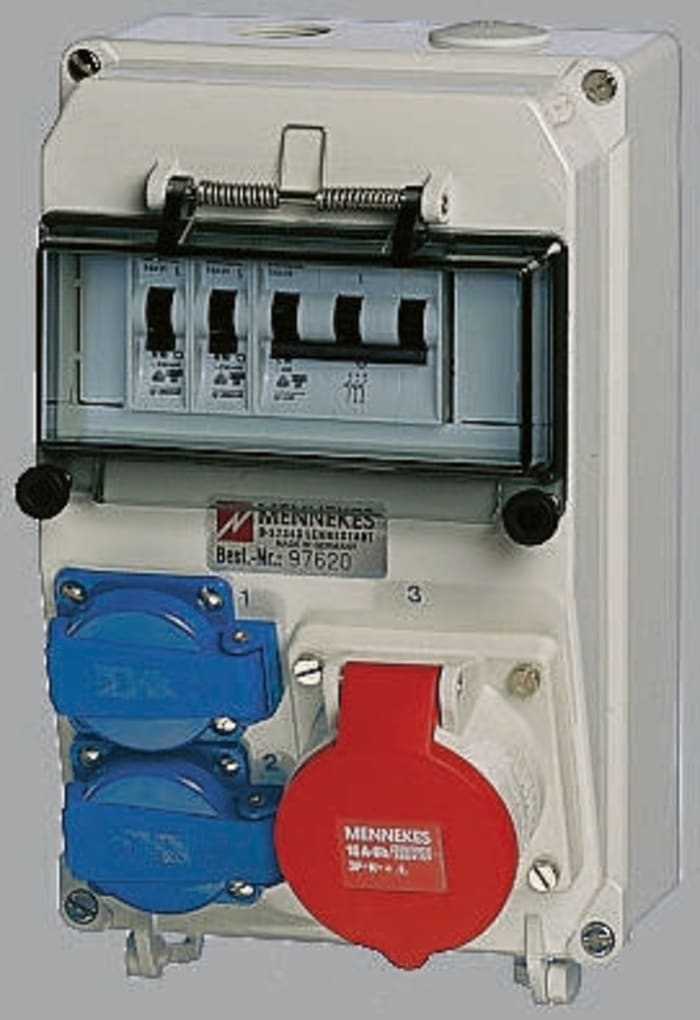 Mennekes 16A 2P+E (2Schuko), 5P (1CEE Form) Pole, 3 Gang Combi Unit, IP44