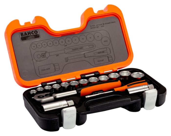 Bahco 34 Piece Metric 1 4 in 3 8 in Standard Socket Bit Set with Ratchet 6 point Hex Bit Phillips Bit Slotted Bit