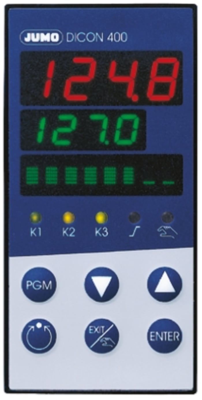 Jumo PID Temperature Controller, 96 x 48 (1/8 DIN)mm, 2 Output Relay, 110 V ac, 240 V ac Supply Voltage