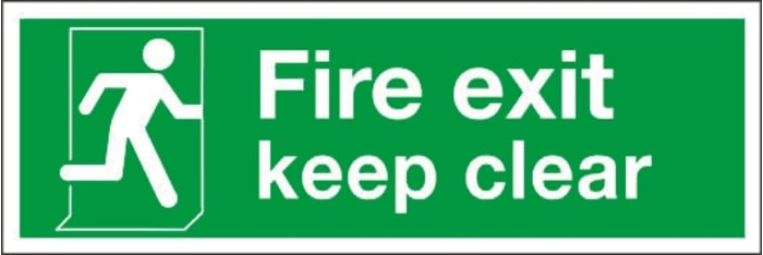 Etiquette de protection incendie Auto-Adhésif, Fire Exit Keep Clear, texte en Anglais, Vert/Blanc, Vinyle