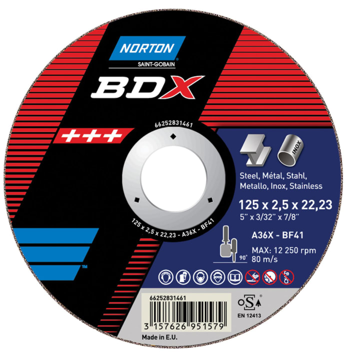 Norton Cutting Disc Aluminium Oxide Cutting Disc, 125mm x 2.5mm Thick, P36 Grit, 5 in pack