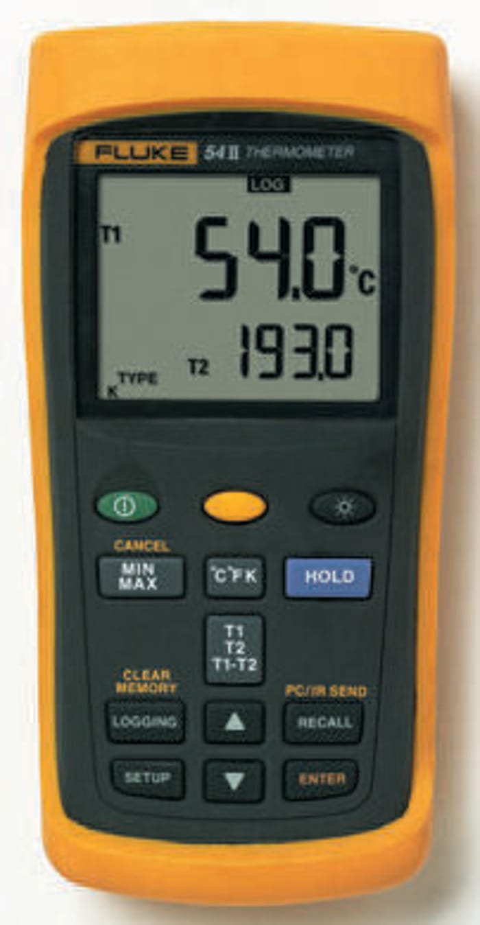 Fluke 52 Wired Digital Thermometer for Industrial Use, E, J, K, T Probe, 2 Input(s), +1372°C Max, ±0.05 % Accuracy -