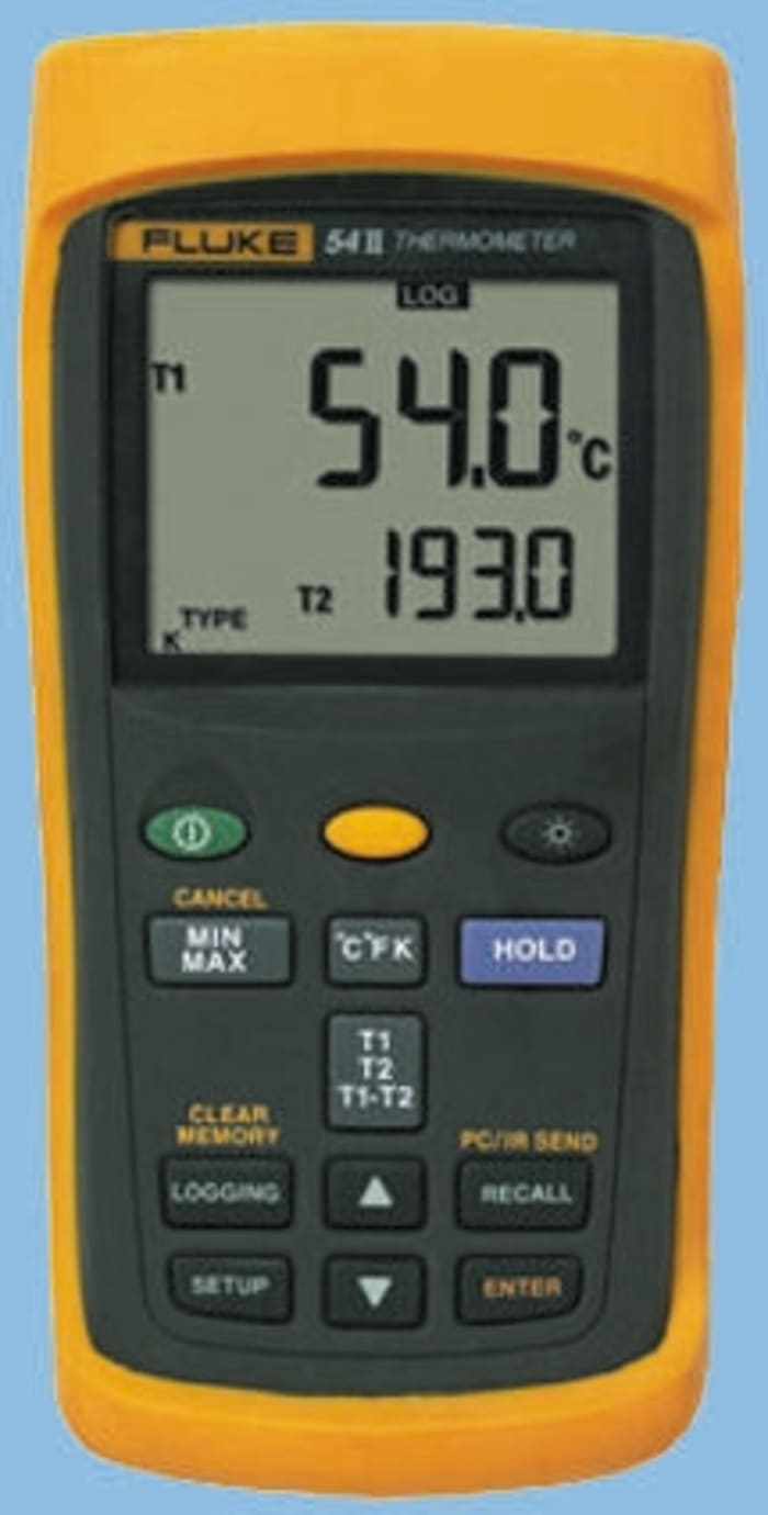 Fluke 53 II Handheld Digital Thermometer for Industrial Use, E, J, K, N, R, S, T Probe, 1 Input(s), +1767°C Max, ±0.05