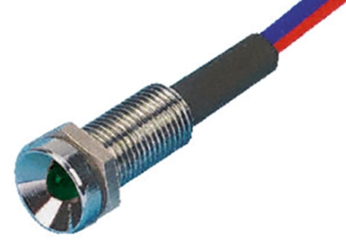 Tranilamp Green Indicator, 12V dc, 6.4mm Mounting Hole Size, Lead Wires Termination