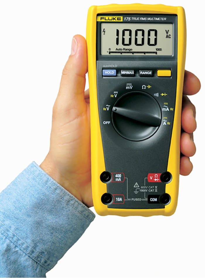 Fluke 175 Handheld Digital Multimeter, True RMS, 10A ac Max, 10A dc Max,  1000V ac Max - RS Calibrated