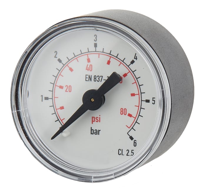 RS PRO R 1/8 Analogue Pressure Gauge 6bar Back Entry 40mm Outside Diameter